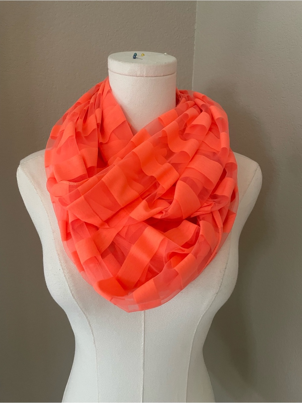 Neon Coral Sheer Striped Infinity Scarf 100% Viscose Lightweight Wrap